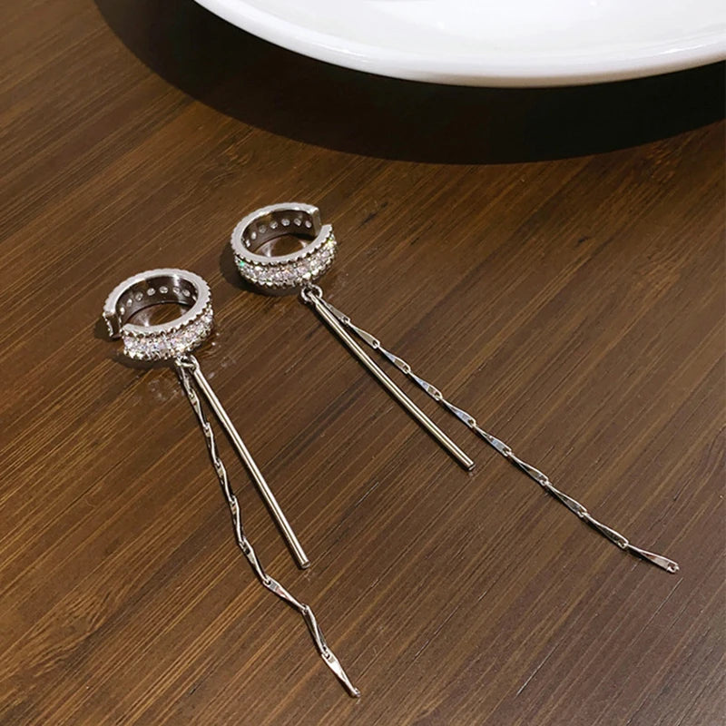 Silver Crystal Tassel Ear Cuff – Rhinestone Chain Non-Piercing Clip Earrings