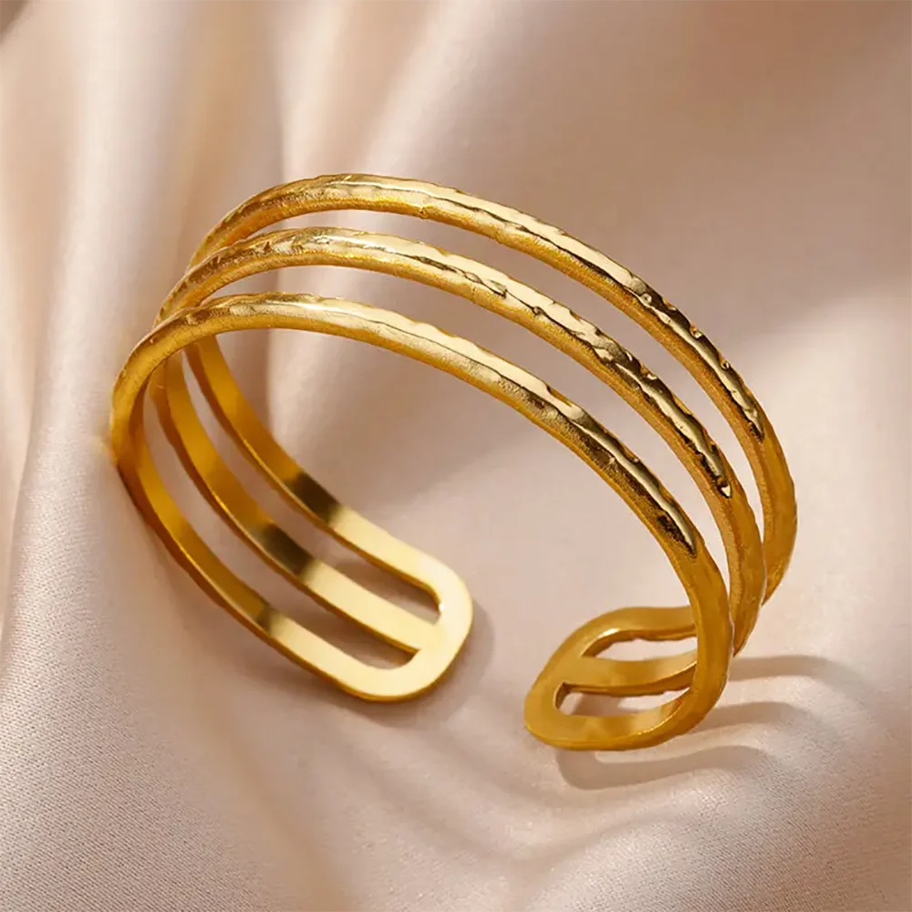 Luxury Gold Stainless Steel Wide Flower Cuff Bangle Bracelet