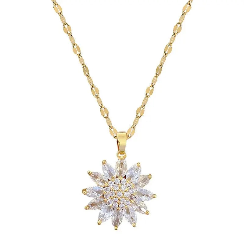 Trendy Spin Sunflower Necklace – Stainless Steel Zircon