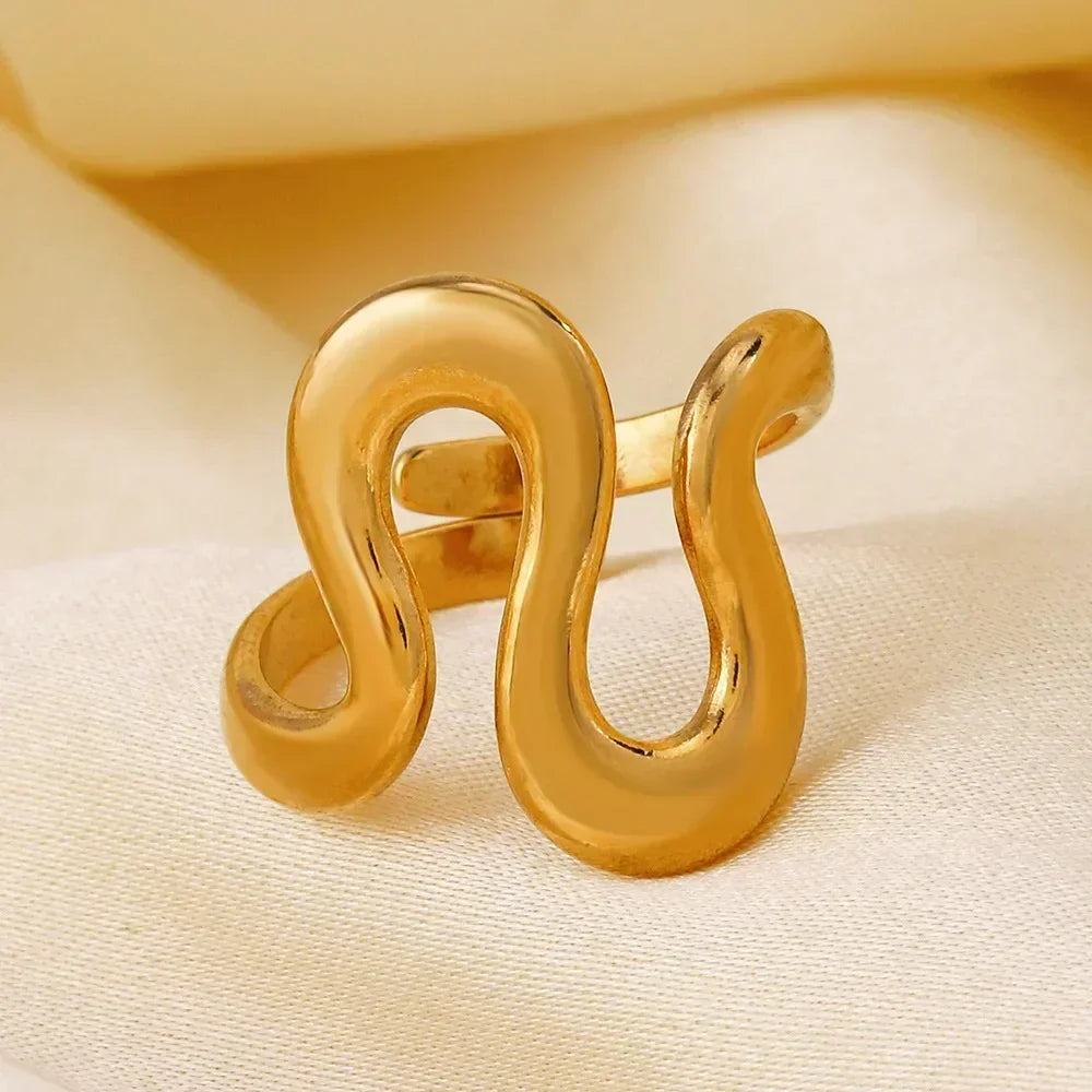 Stainless Steel Wave Open Ring – Gold