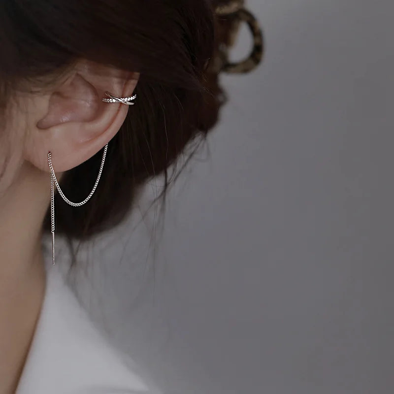 Silver Crystal Tassel Ear Cuff – Rhinestone Chain Non-Piercing Clip Earrings