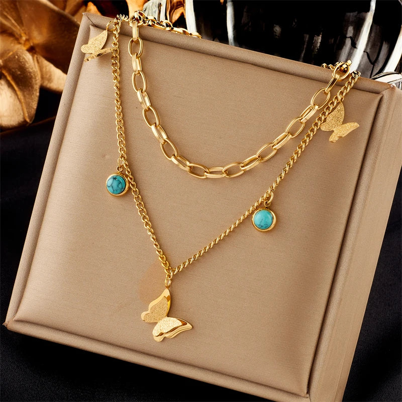 Stainless Steel Butterfly Moon Pendant Necklace