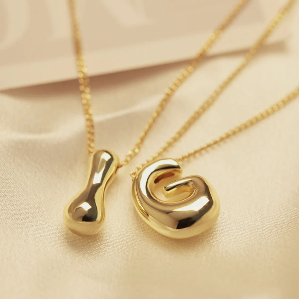 Golden Stainless Steel Initial Bubble Letter Necklace