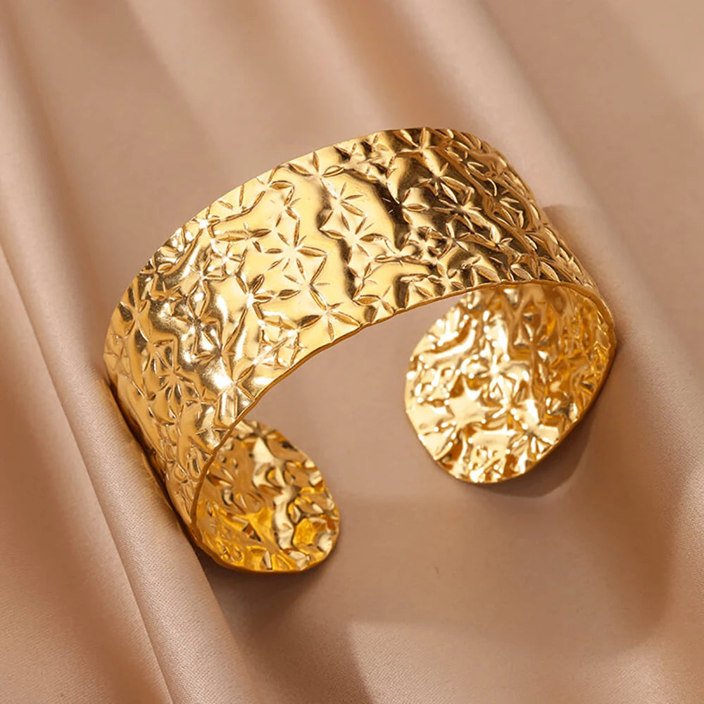 Luxury Gold Stainless Steel Wide Flower Cuff Bangle Bracelet