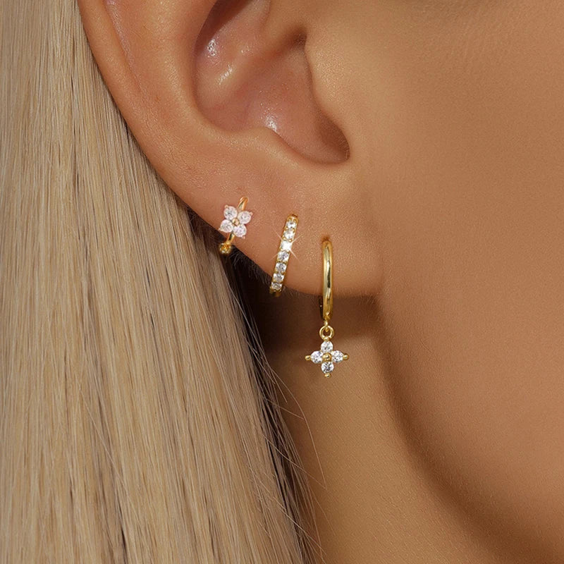 3PCS Stainless Steel Flower Drop Earrings Set