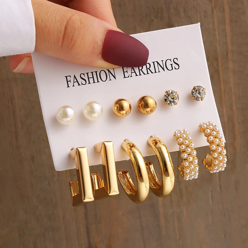Gold Vintage Geometric Pearl Earrings Set