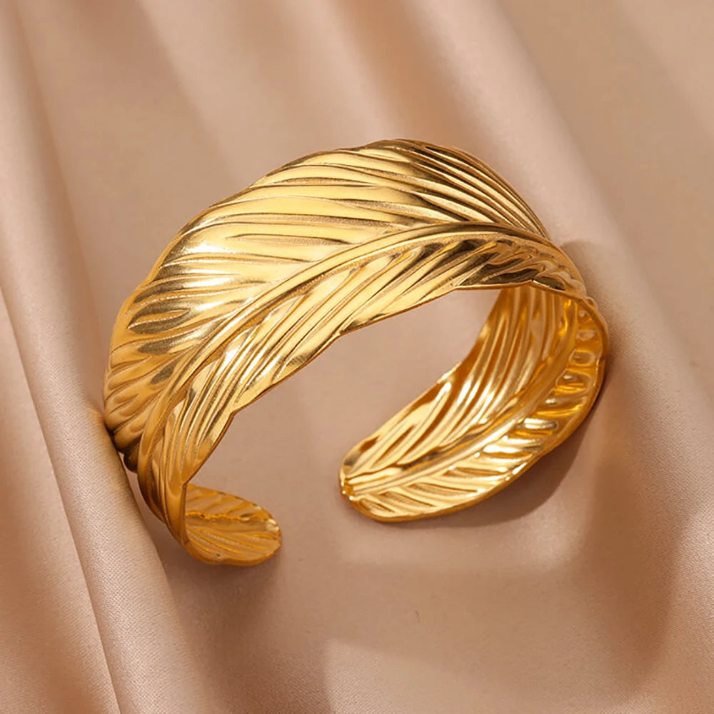 Luxury Gold Stainless Steel Wide Flower Cuff Bangle Bracelet