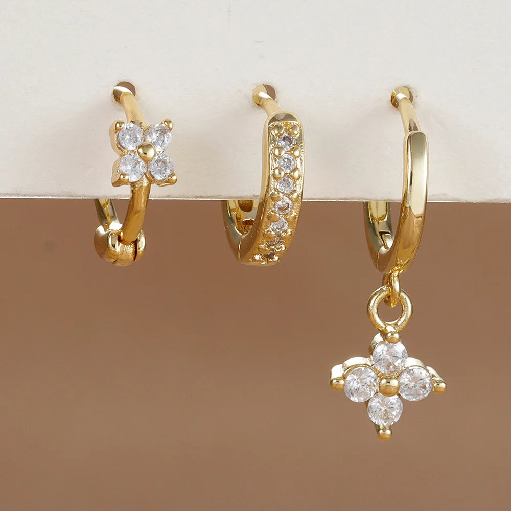 3PCS Zircon Flower Dangle Earrings Set – Stainless Steel