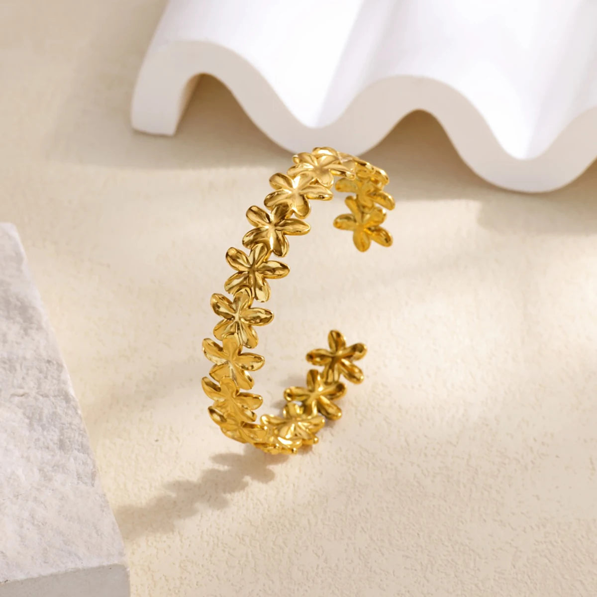 Luxury Gold Stainless Steel Wide Flower Cuff Bangle Bracelet