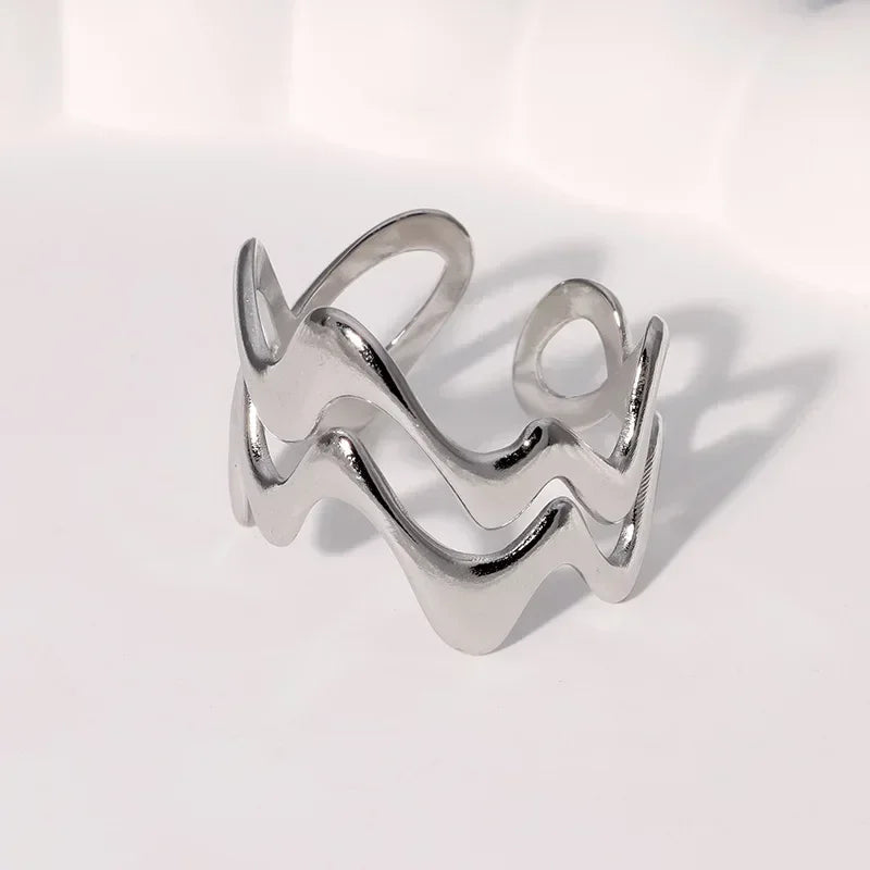 Stainless Steel Wave Open Ring – Gold