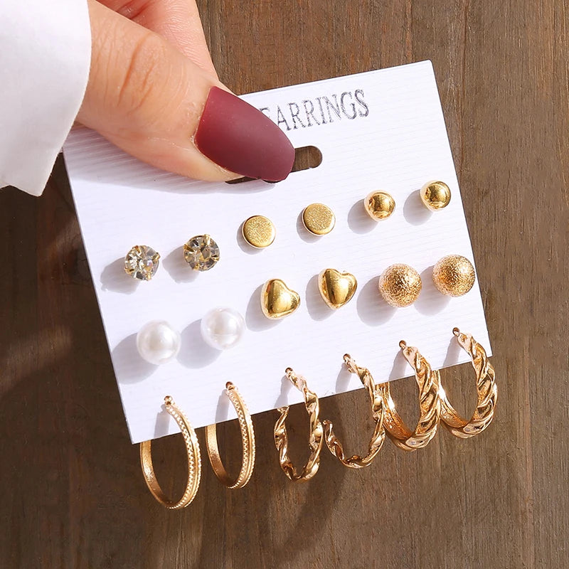 Gold Vintage Geometric Pearl Earrings Set