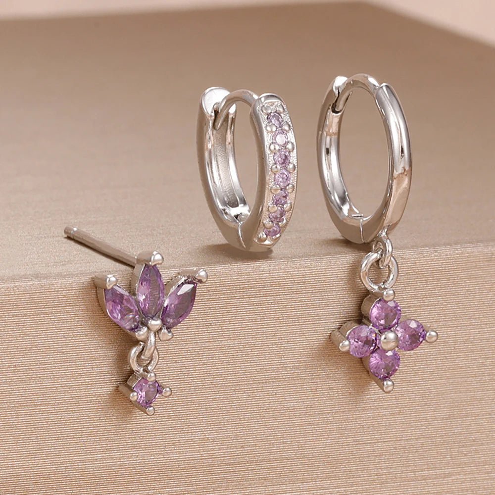 3PCS Zircon Flower Dangle Earrings Set – Stainless Steel