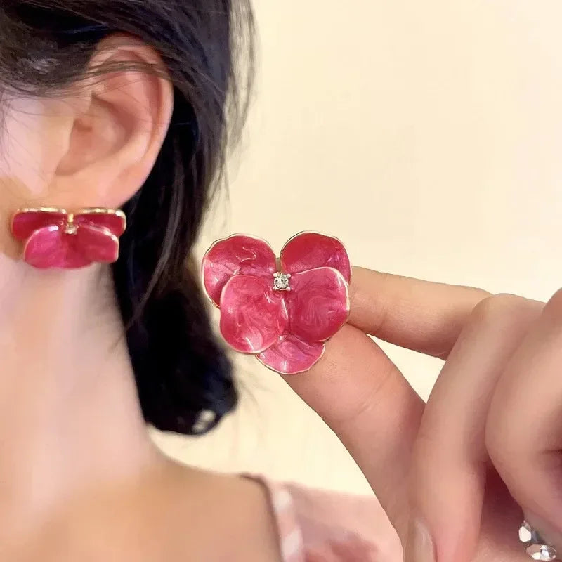 Red Blue Enamel Flower Stud Earrings