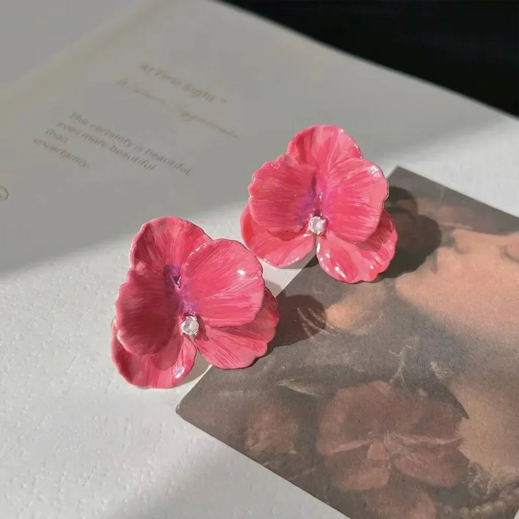 Red Blue Enamel Flower Stud Earrings