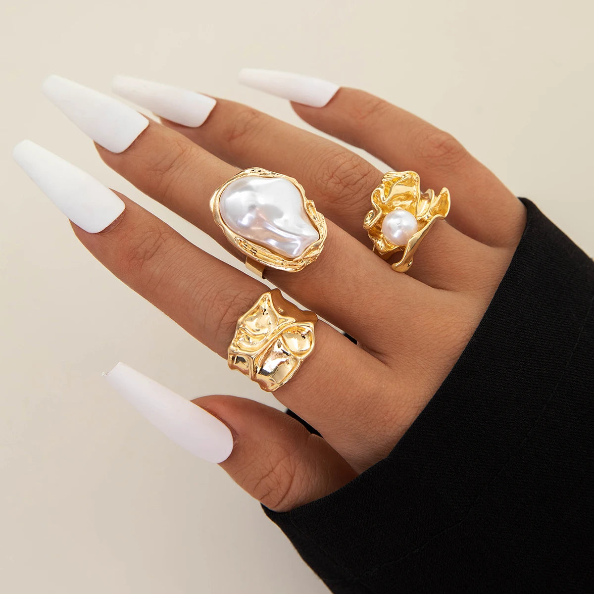 Luxury Pearl Open Ring Set – Gold Jewelry