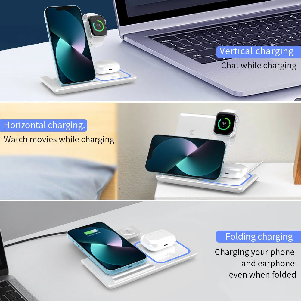 3 in 1 Wireless Charger Stand Pad Foldable Fast Charging Station Dock