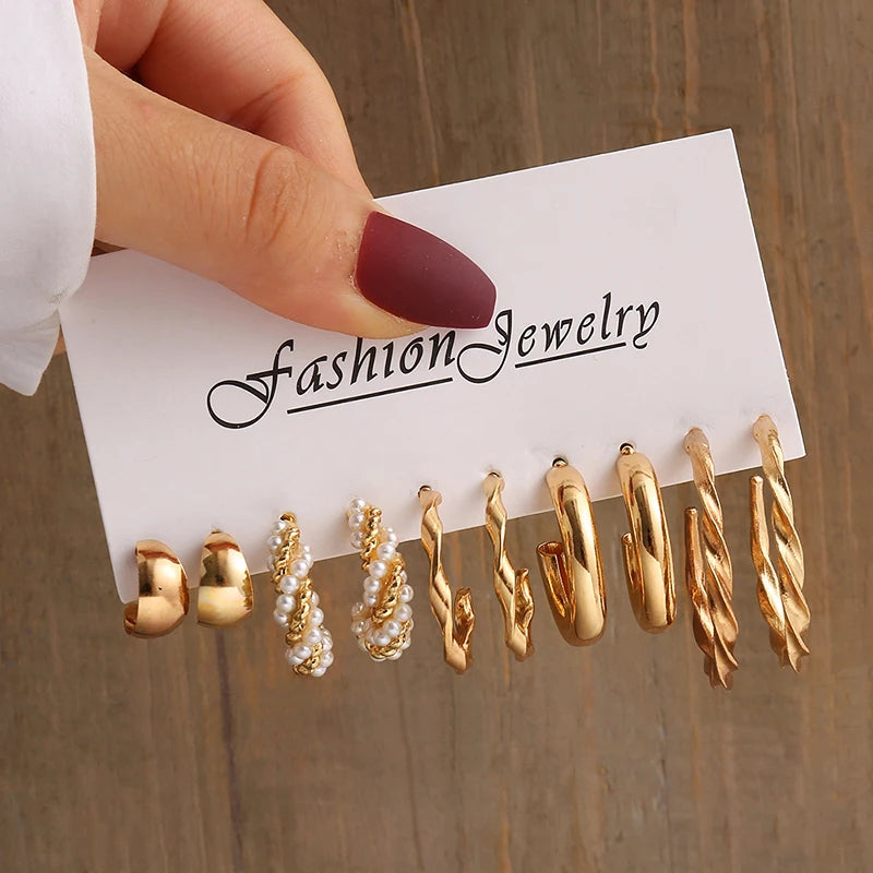 Gold Vintage Geometric Pearl Earrings Set