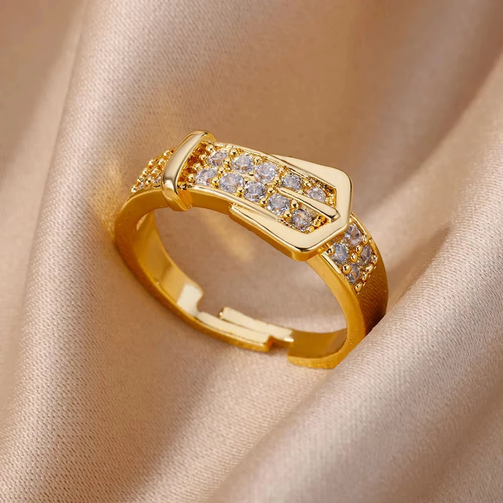 Zircon Crystal Geometric Adjustable Ring – Stainless Steel Gold