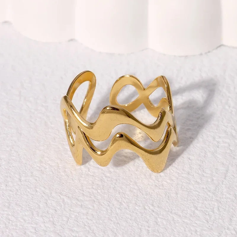 Stainless Steel Wave Open Ring – Gold