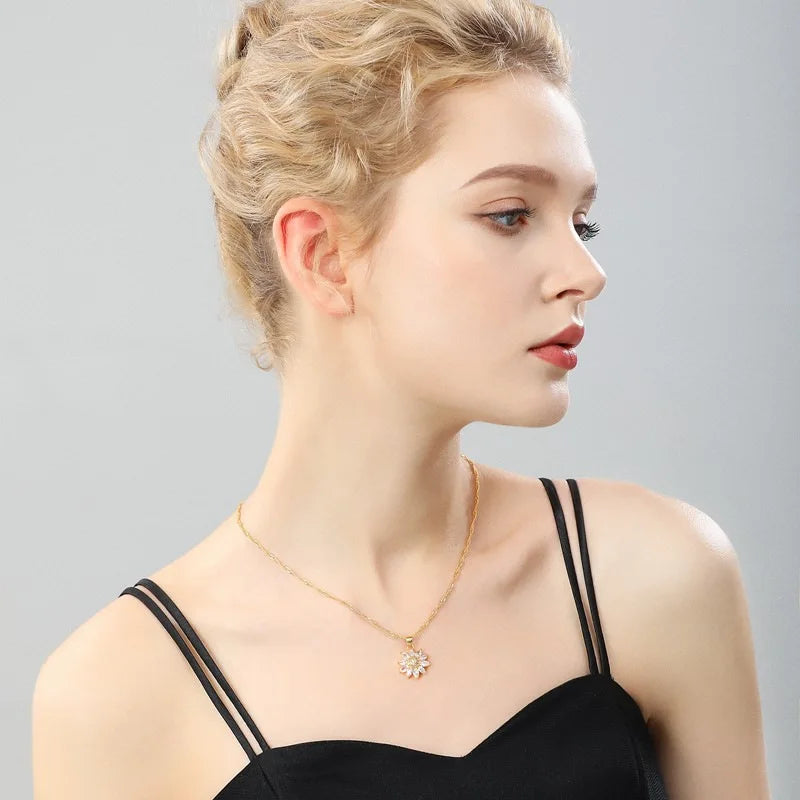Trendy Spin Sunflower Necklace – Stainless Steel Zircon