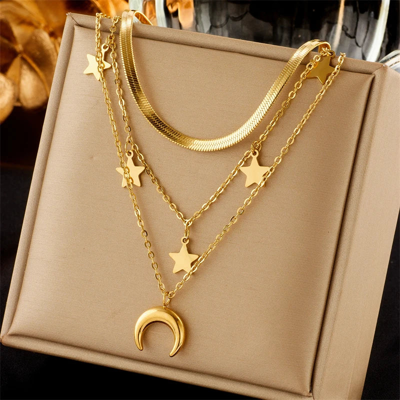 Stainless Steel Butterfly Moon Pendant Necklace
