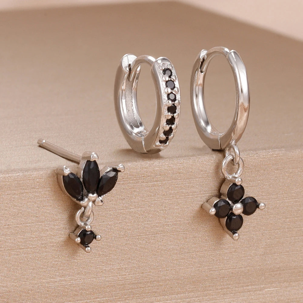 3PCS Zircon Flower Dangle Earrings Set – Stainless Steel
