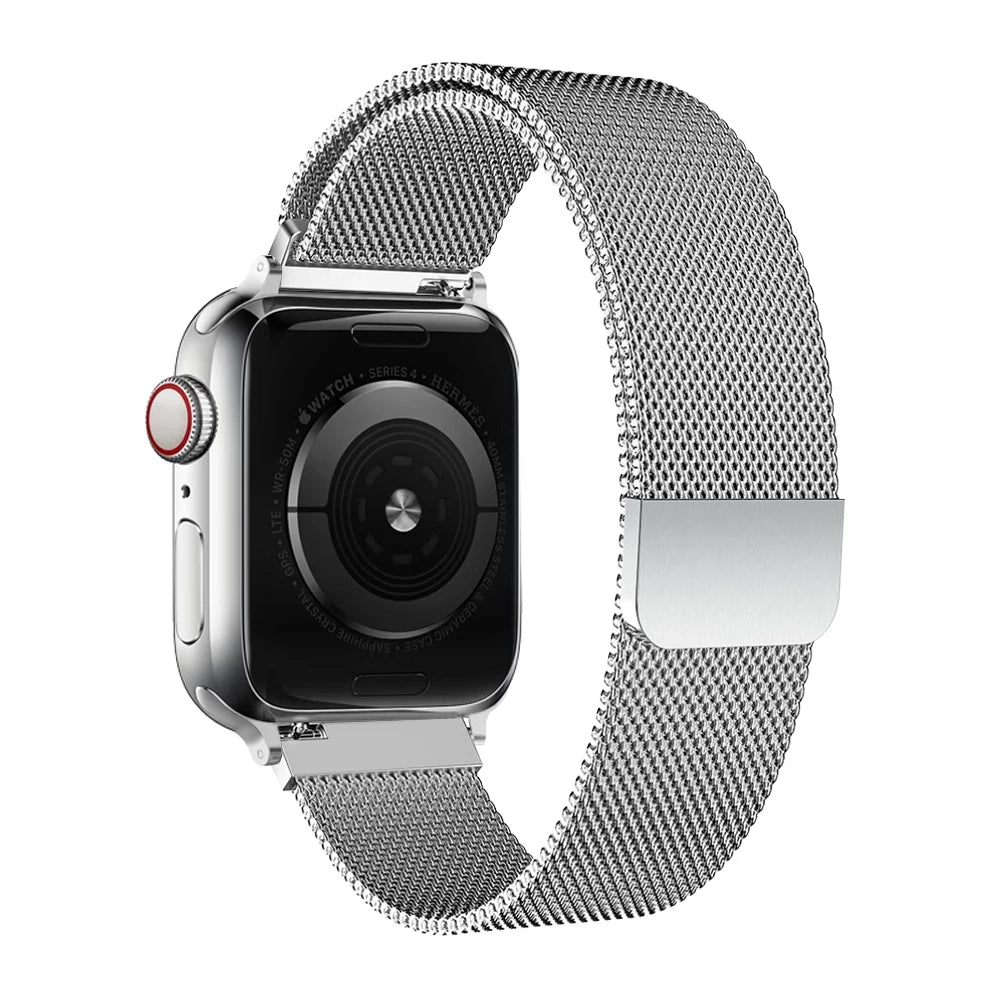 Sleek adjustable Milanese strap for Apple Watch, stylish and compatible with multiple sizes and series.