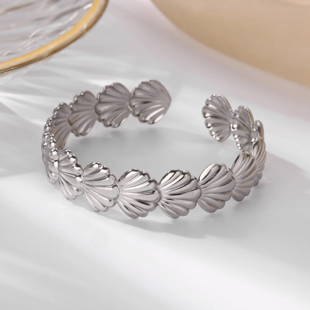 Luxury Gold Stainless Steel Wide Flower Cuff Bangle Bracelet
