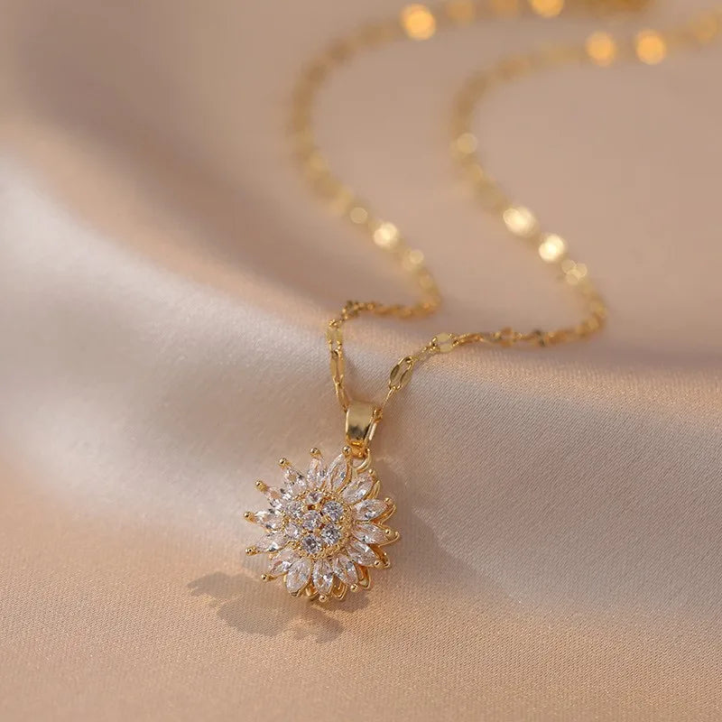 Trendy Spin Sunflower Necklace – Stainless Steel Zircon