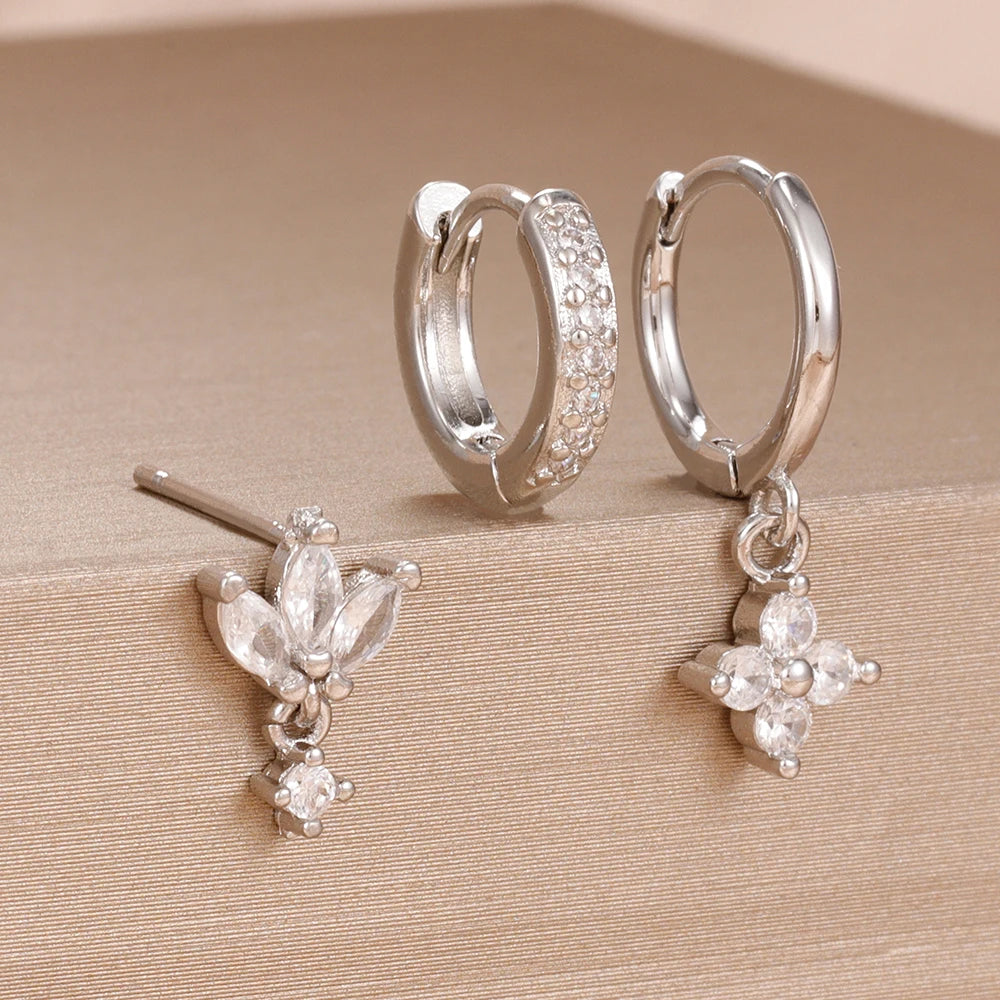 3PCS Zircon Flower Dangle Earrings Set – Stainless Steel