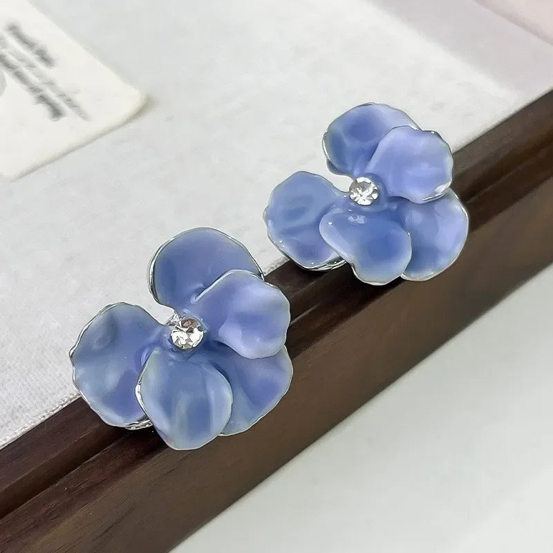 Red Blue Enamel Flower Stud Earrings