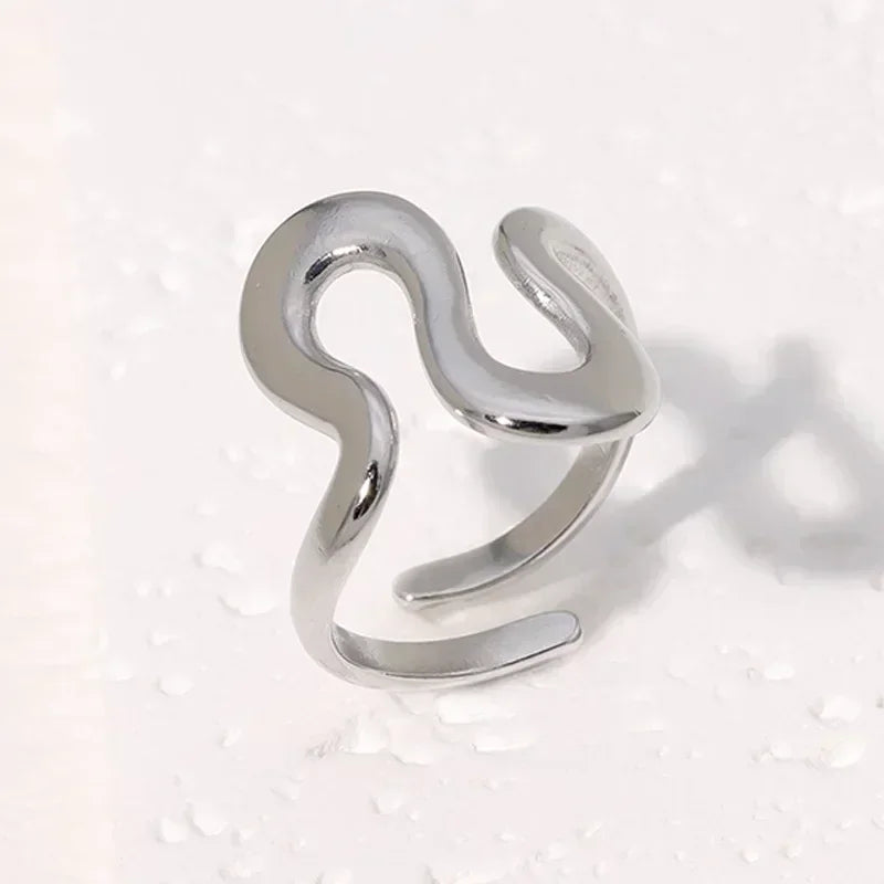 Stainless Steel Wave Open Ring – Gold