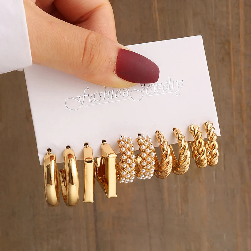 Gold Vintage Geometric Pearl Earrings Set