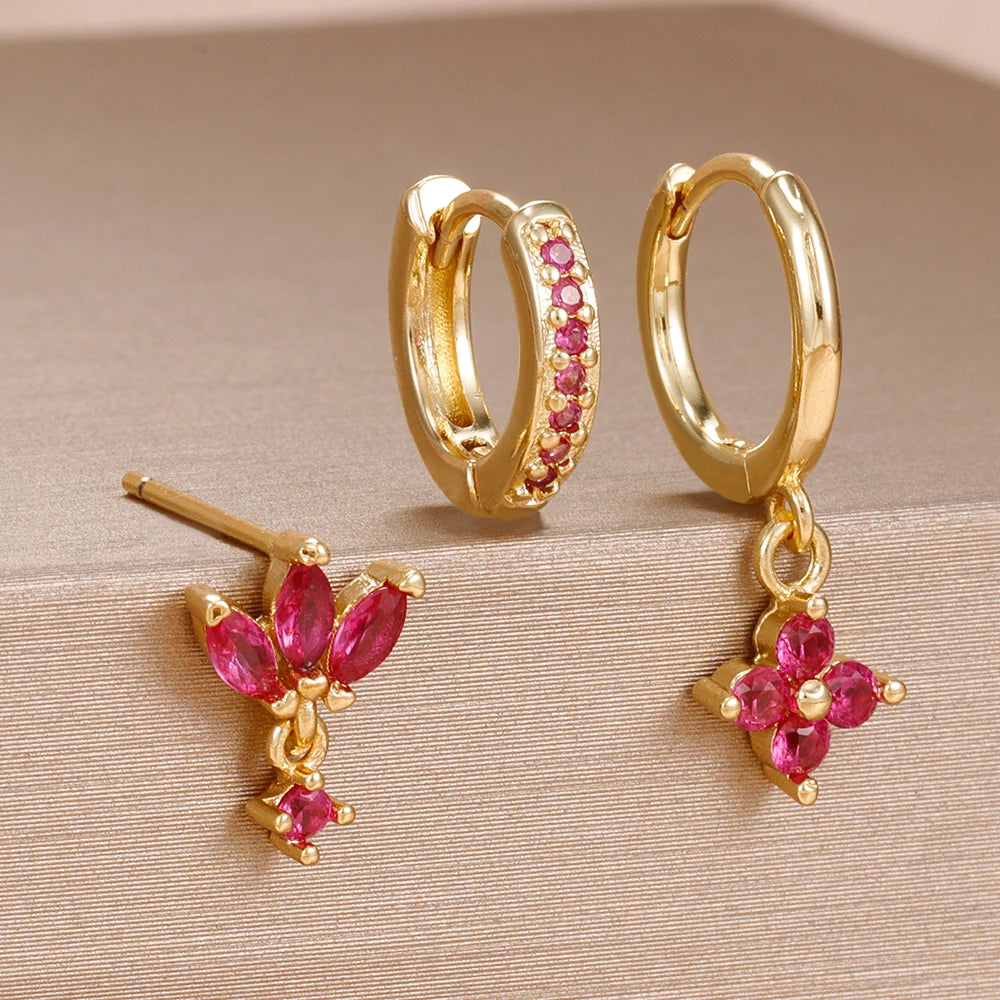 3PCS Zircon Flower Dangle Earrings Set – Stainless Steel