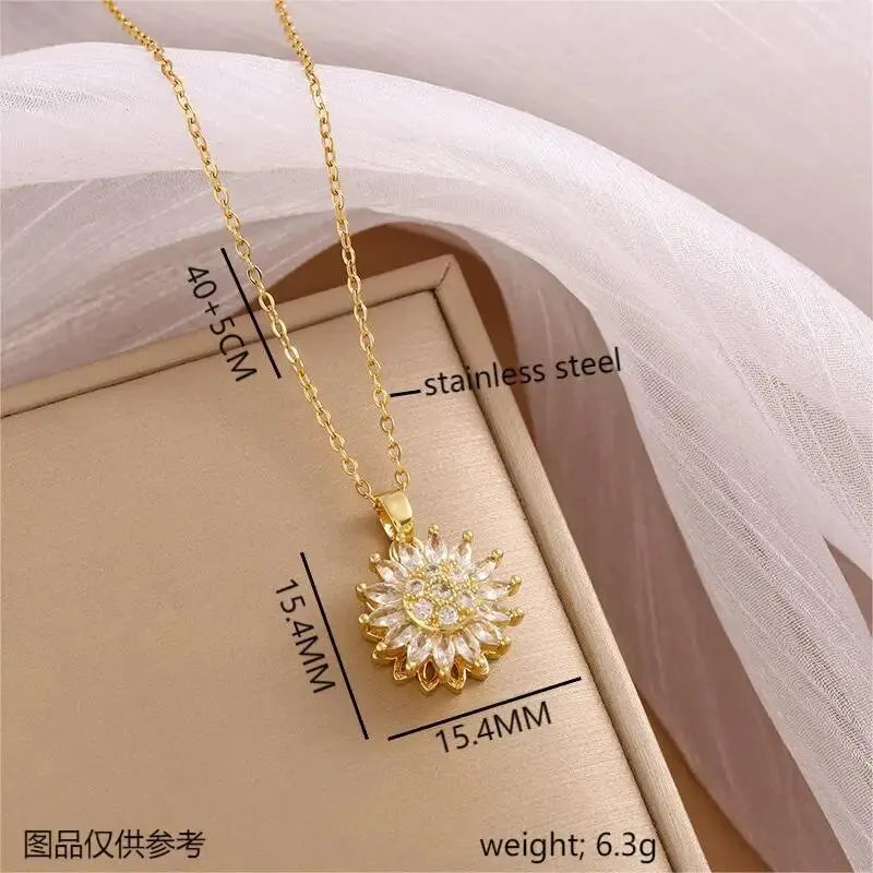 Trendy Spin Sunflower Necklace – Stainless Steel Zircon