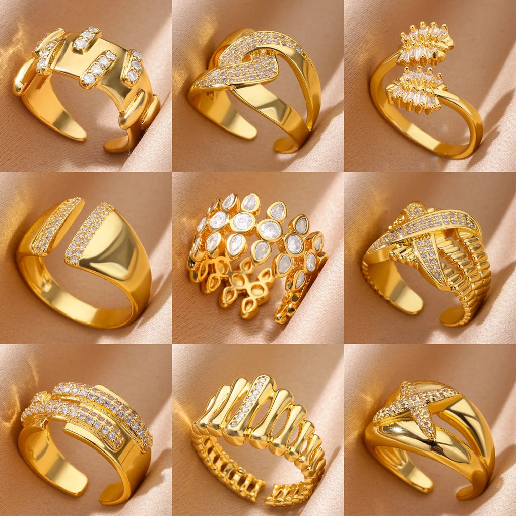 Zircon Crystal Geometric Adjustable Ring – Stainless Steel Gold
