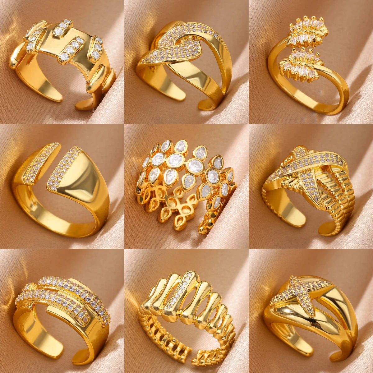 Zircon Crystal Geometric Adjustable Ring – Stainless Steel Gold