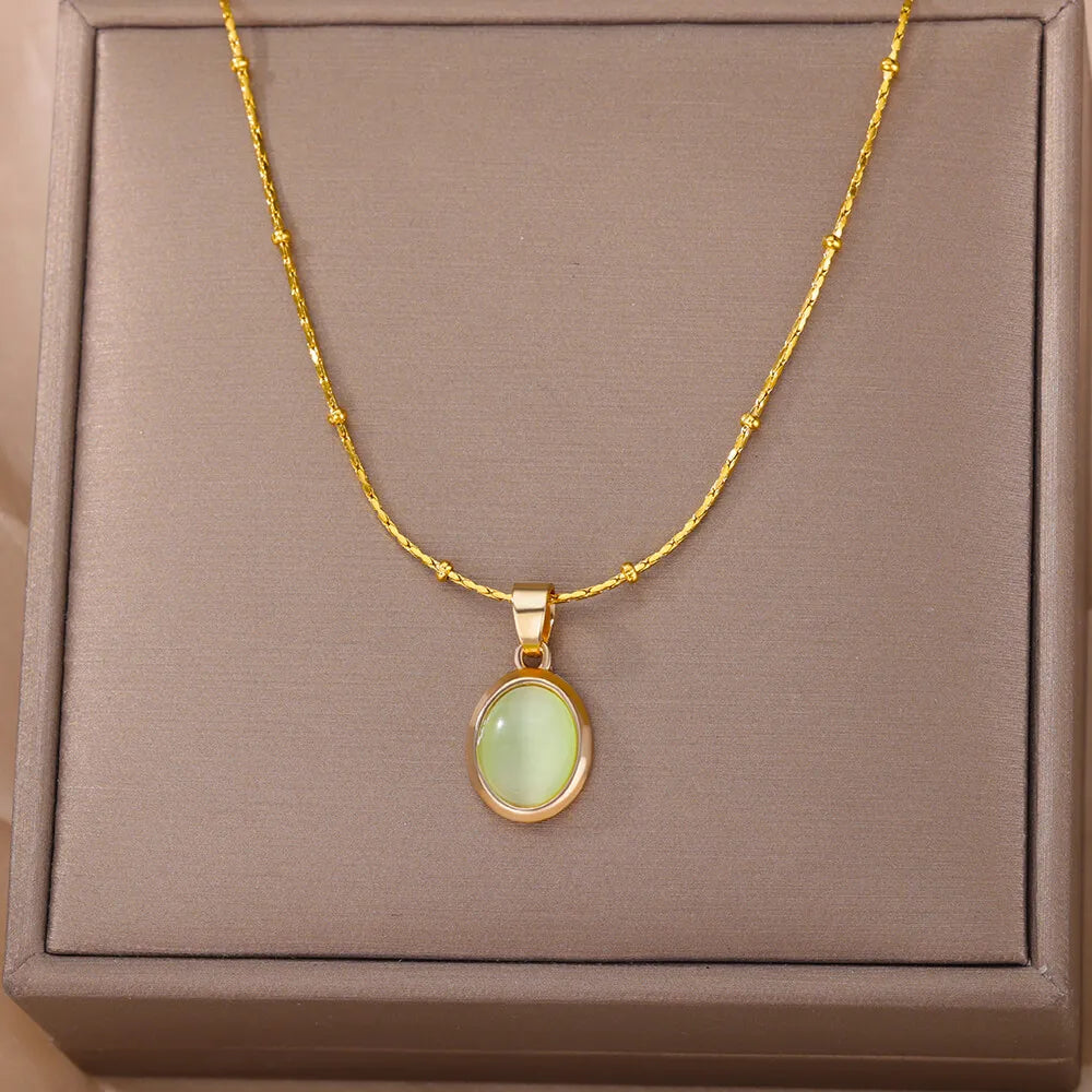 Fashion Opal Oval Pendant Necklace – Stainless Steel