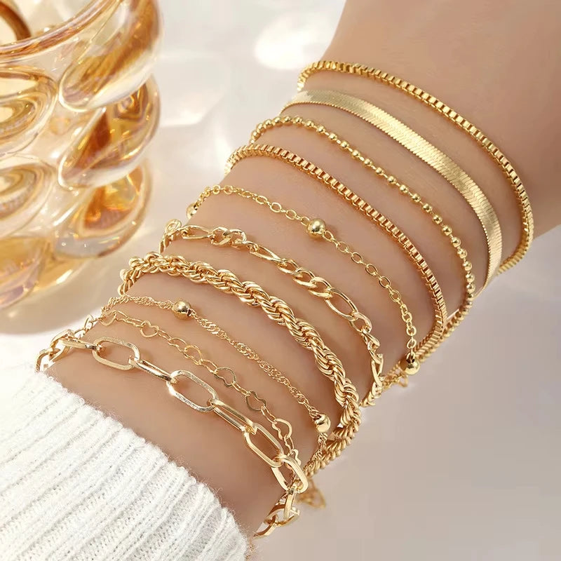 10PCS Vintage Gold Snake Chain Bracelet Set