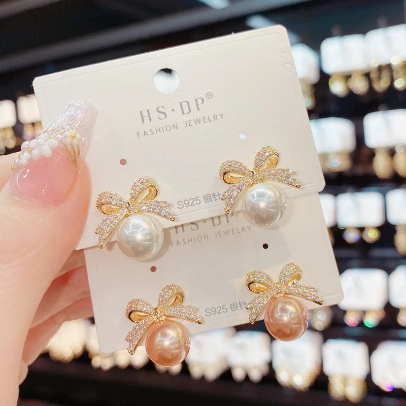 Sparkling Rhinestone Bow Pearl Stud Earrings