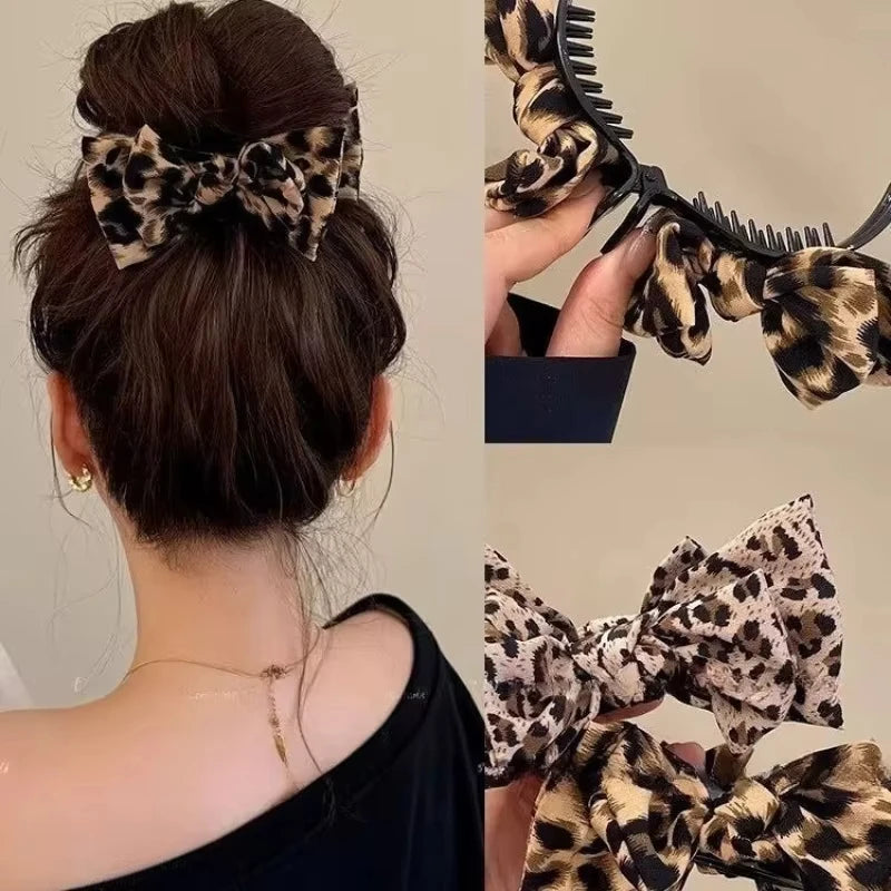 Leopard Print Bow Bun Hair Clip