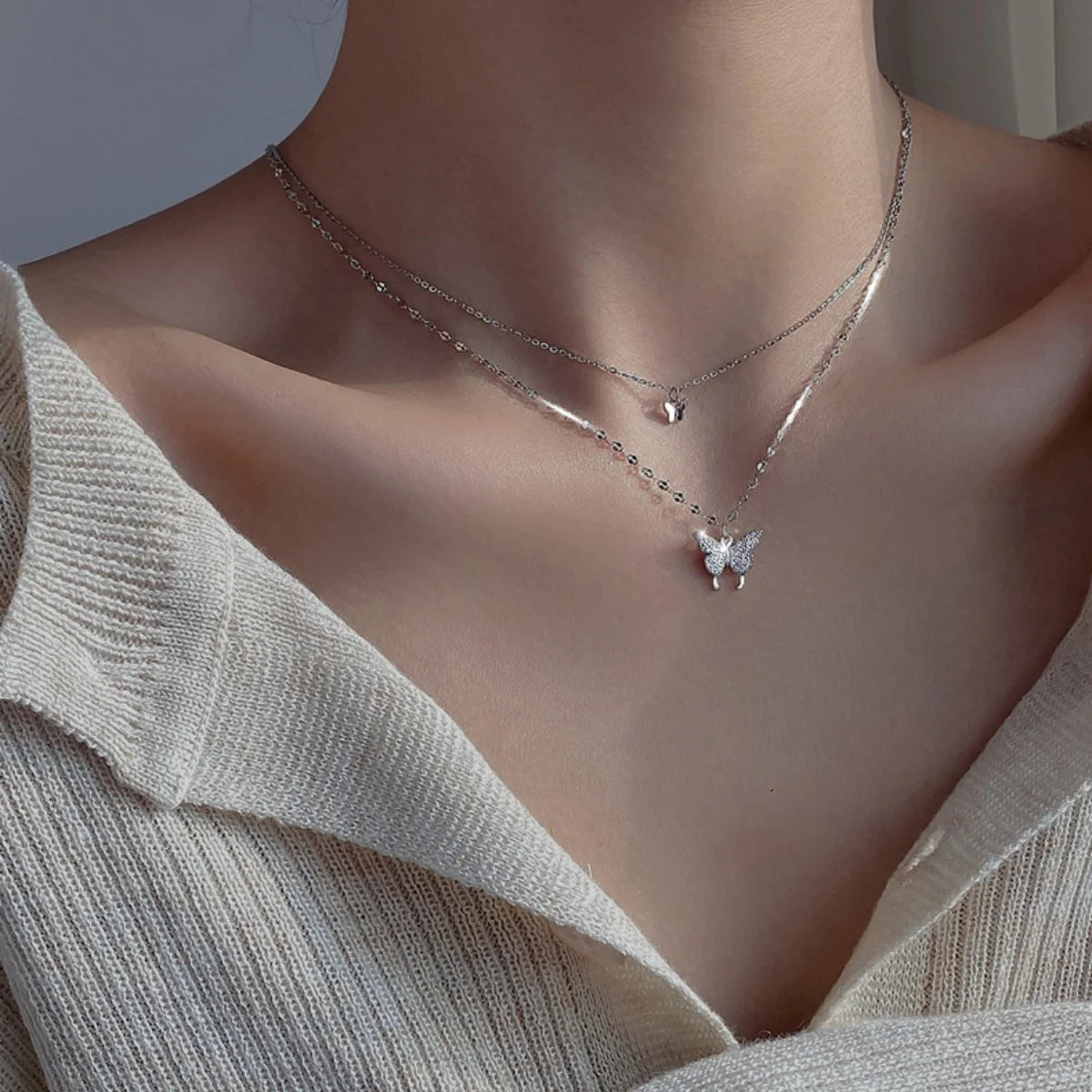 Shiny Double Layer Butterfly Necklace