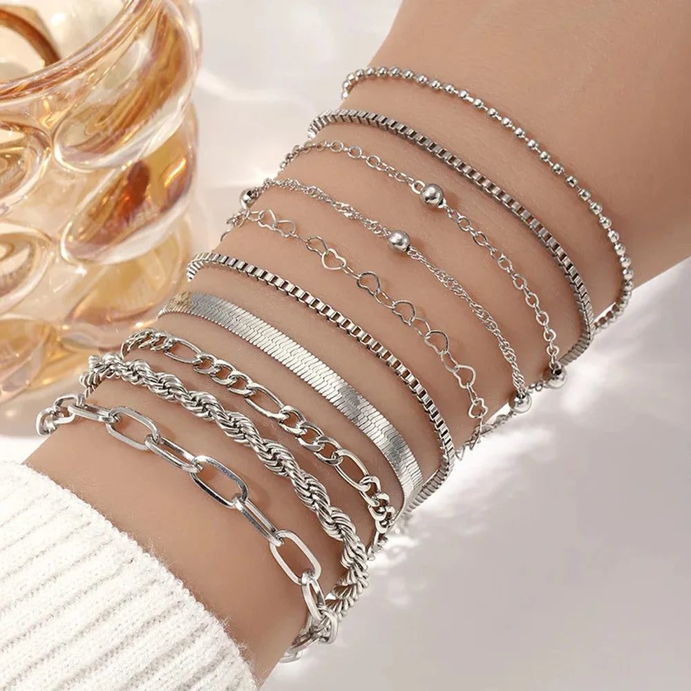 10PCS Vintage Gold Snake Chain Bracelet Set
