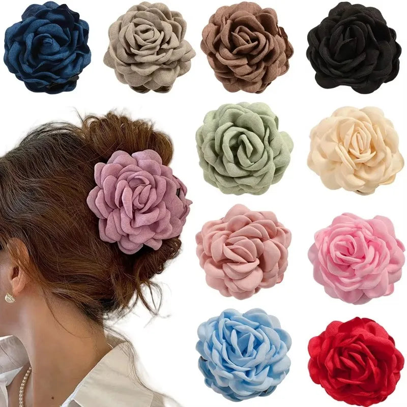 16 Colors Cotton Fabric Rose Flower Hair Claw Clips