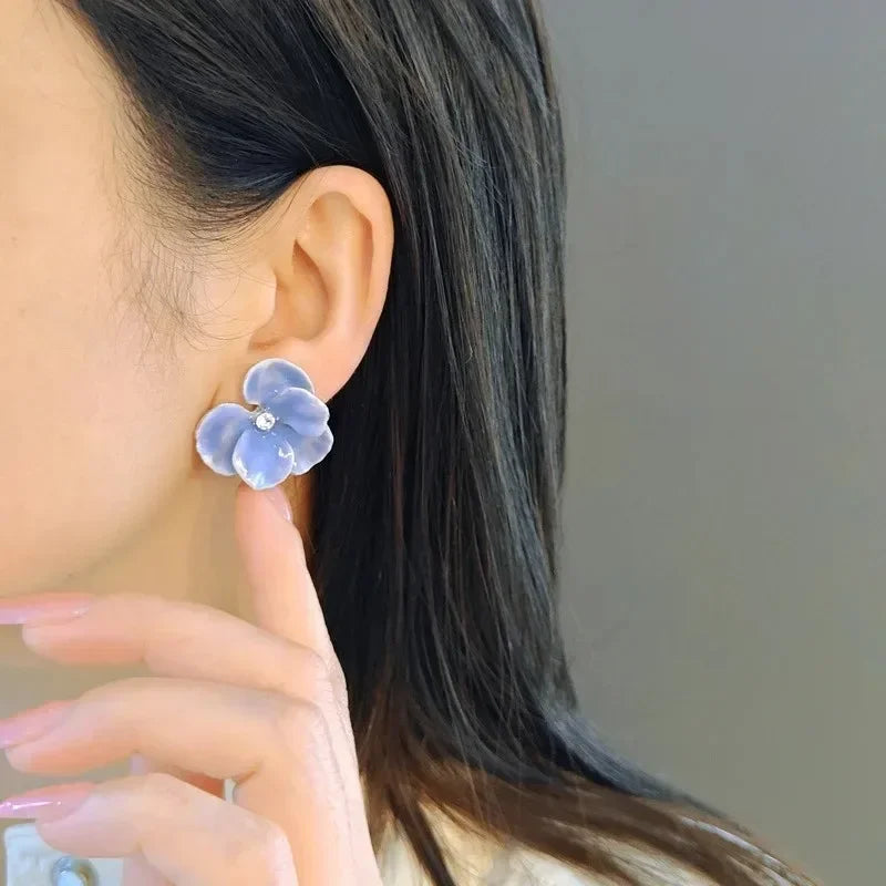 Red Blue Enamel Flower Stud Earrings