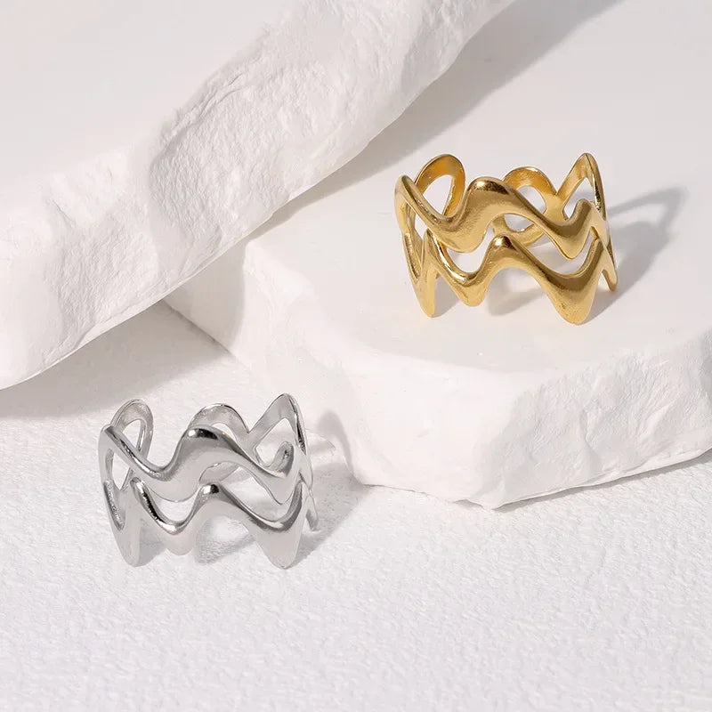 Stainless Steel Wave Open Ring – Gold