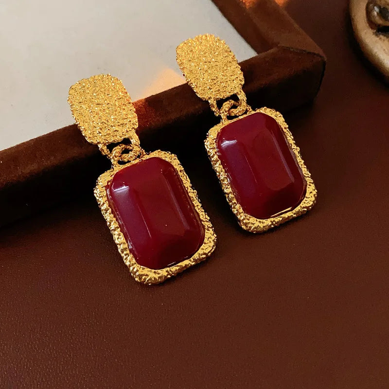 Vintage Red Resin Oval Stud Earrings