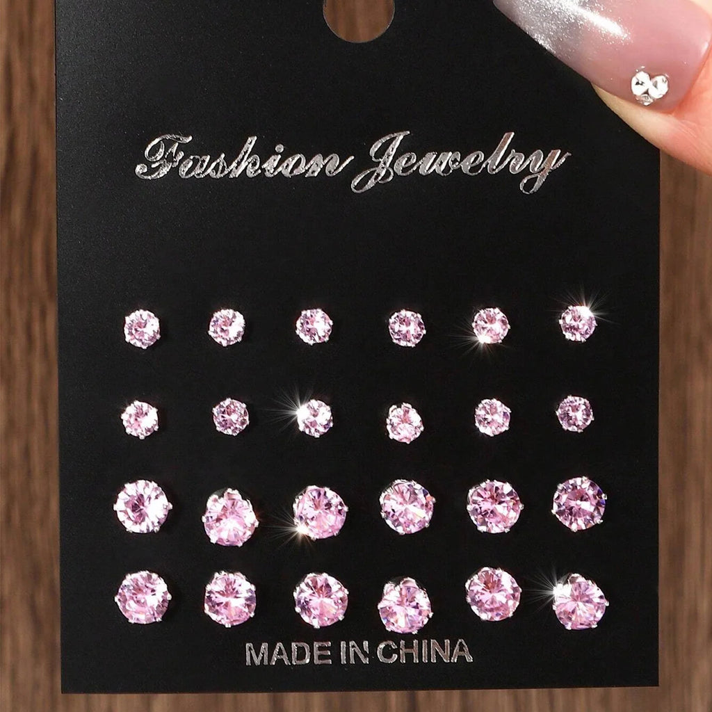 12 Pairs Zircon Zirconia Stud Earrings Set