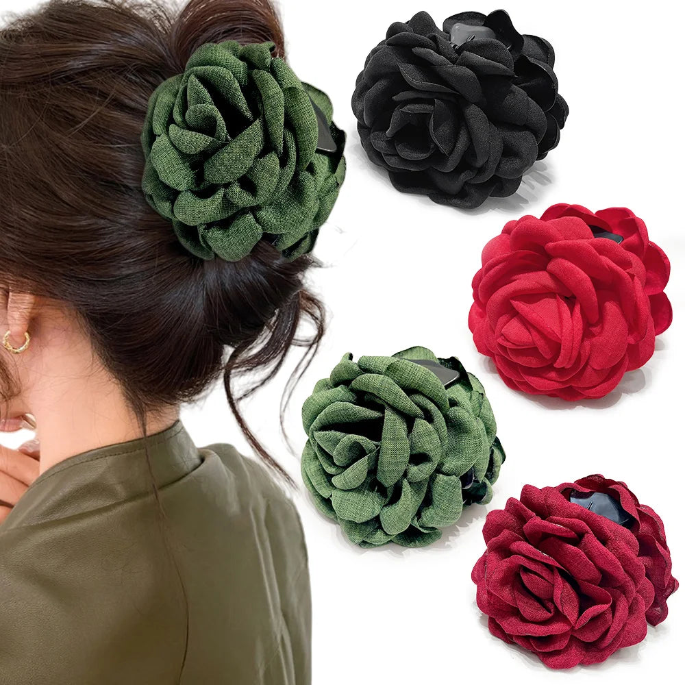 16 Colors Cotton Fabric Rose Flower Hair Claw Clips