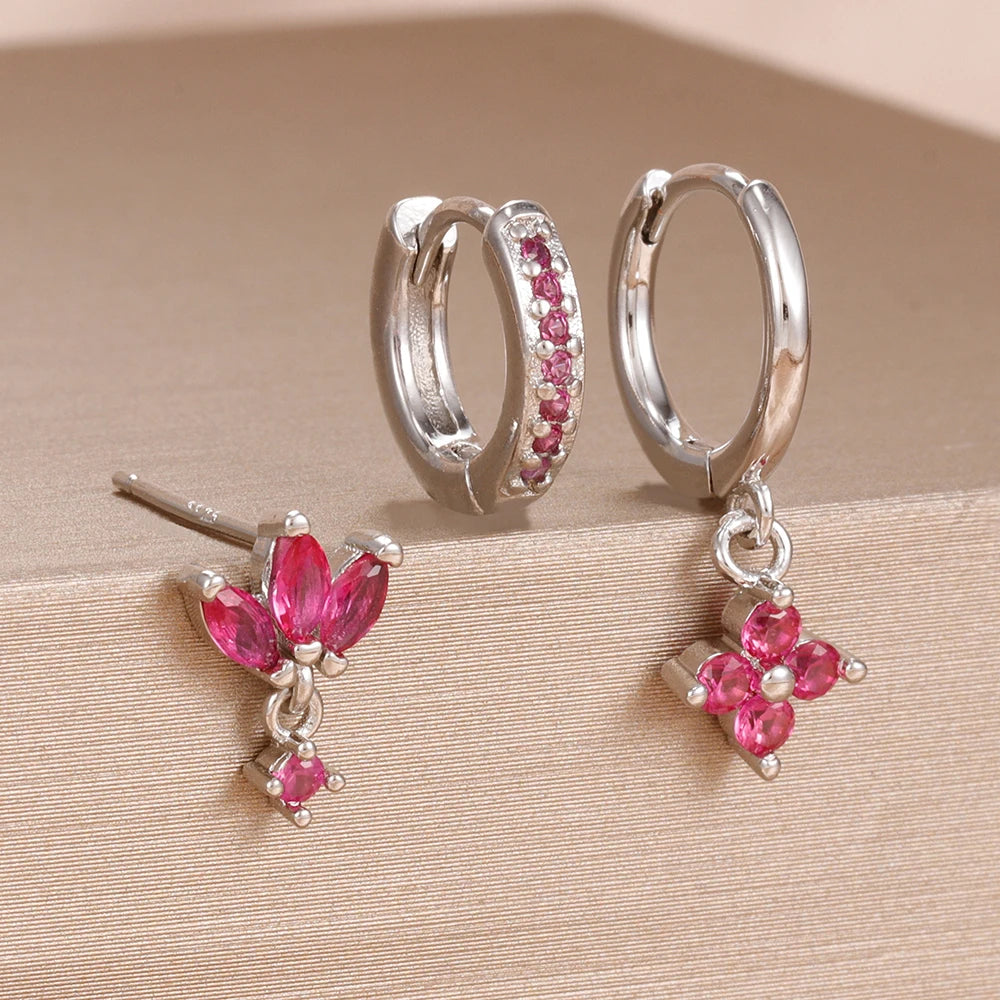 3PCS Zircon Flower Dangle Earrings Set – Stainless Steel
